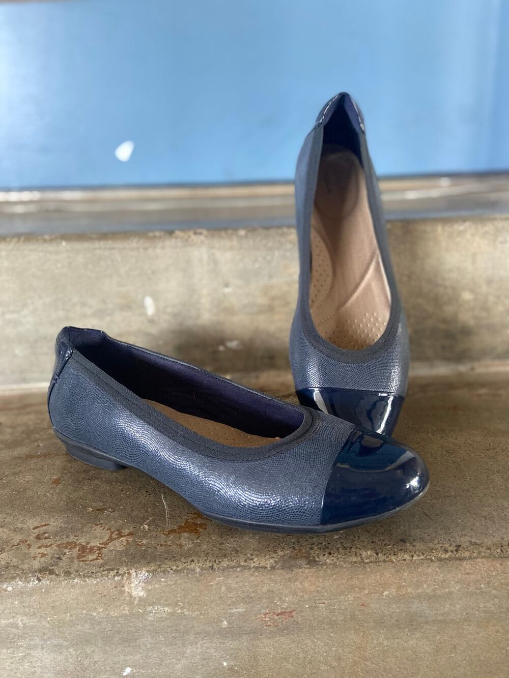 Clarks Sara Orchid navy ballet style flat with patent cap toe and heel